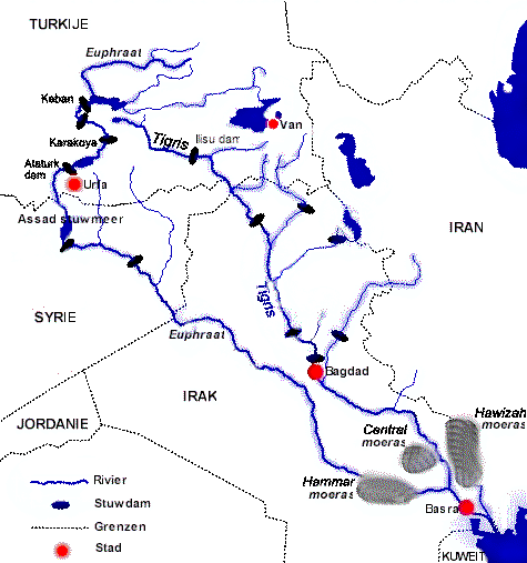 Landkaart Euphraat en Tigris rivieren